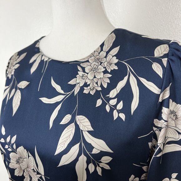 Vince Camuto Dress Women Small Blue White Floral Satin Sheen Midi Long Sleeve - Picture 9 of 15